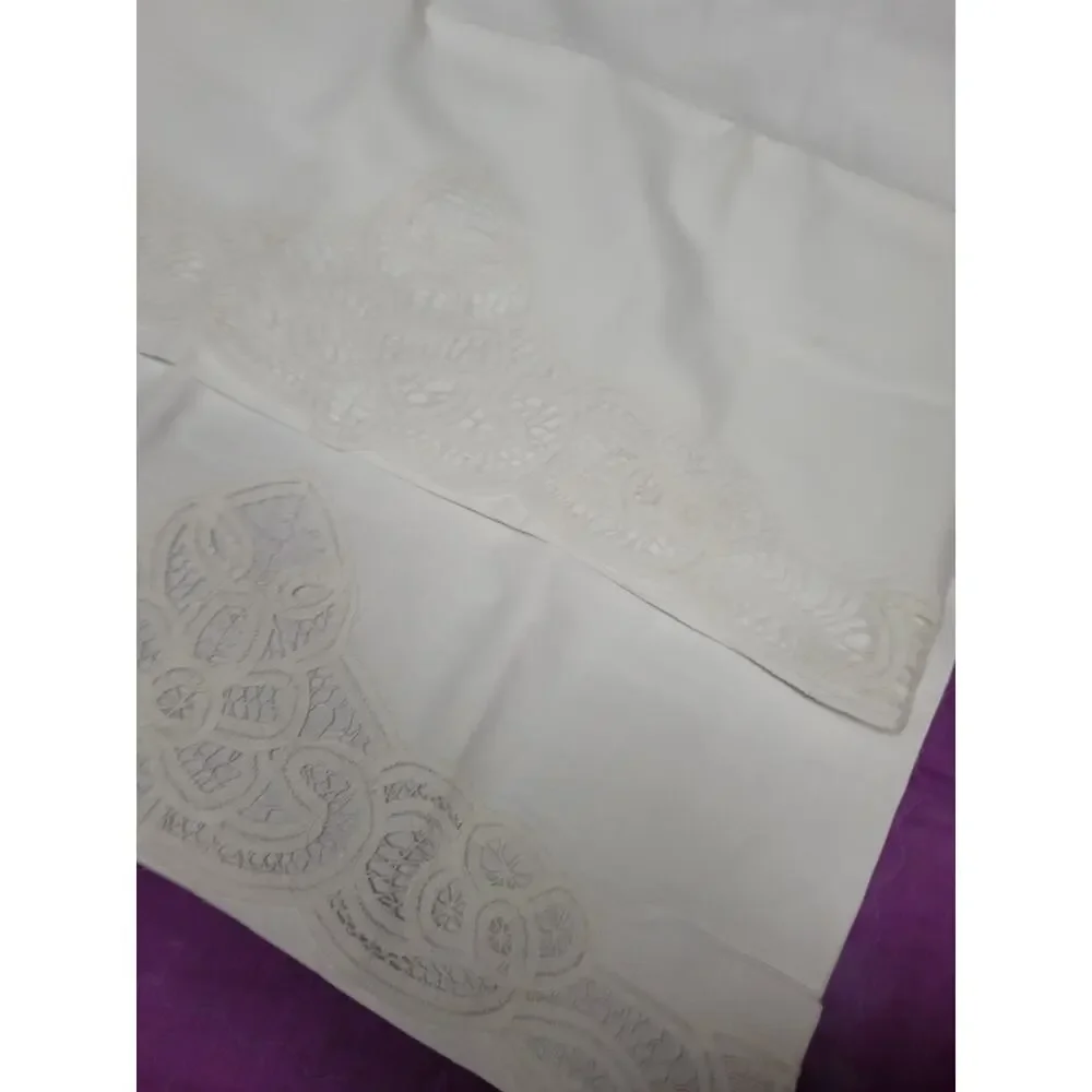 Antique Linen Embroidered Floral Embroidery Trim Pillowcase Set 2